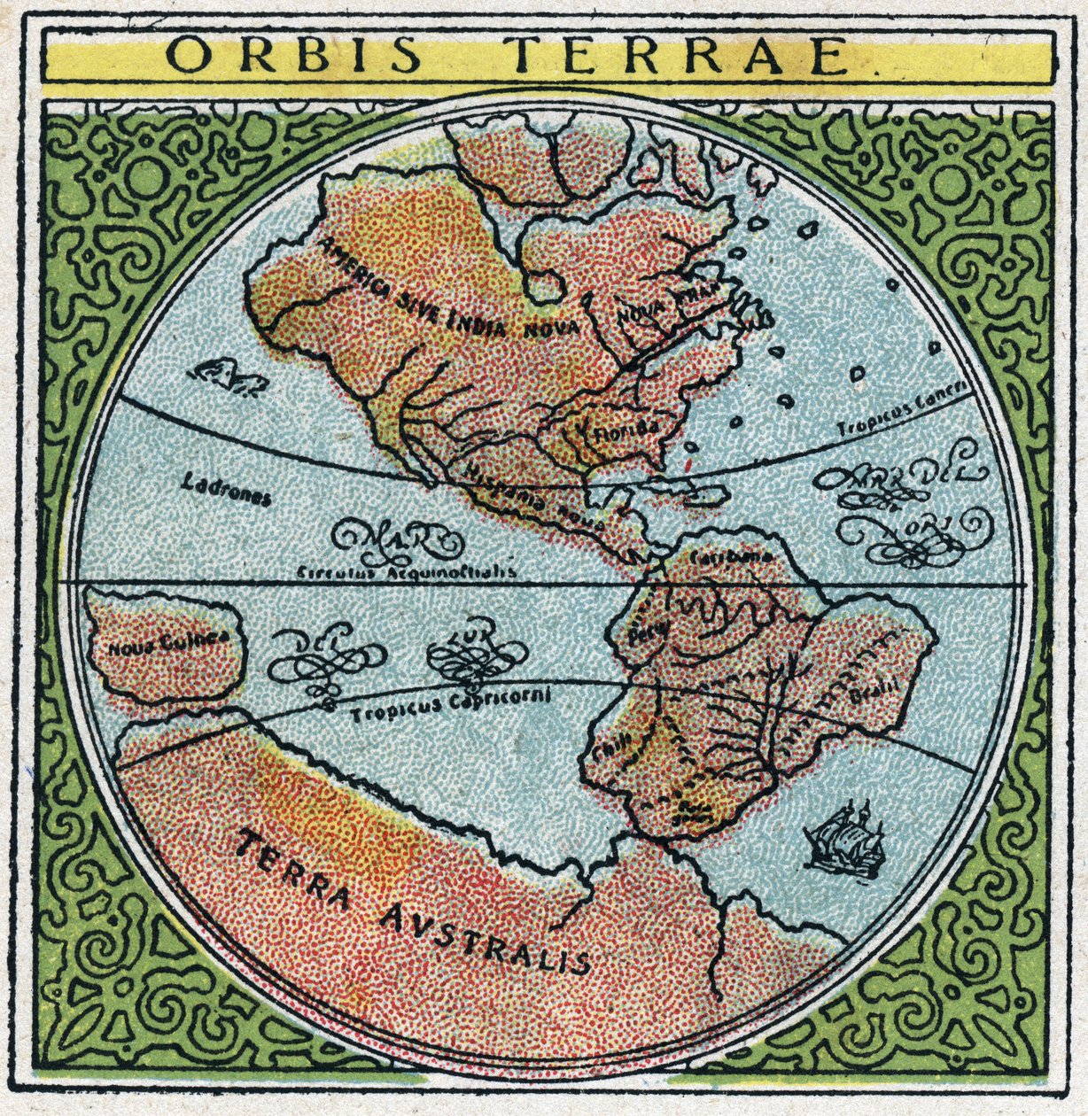 Tid: orbis terrae. Kloden med Ecuador og tropene. Anonym illustrasjon fra 1925. Privat samling. av Anonymous Anonymous