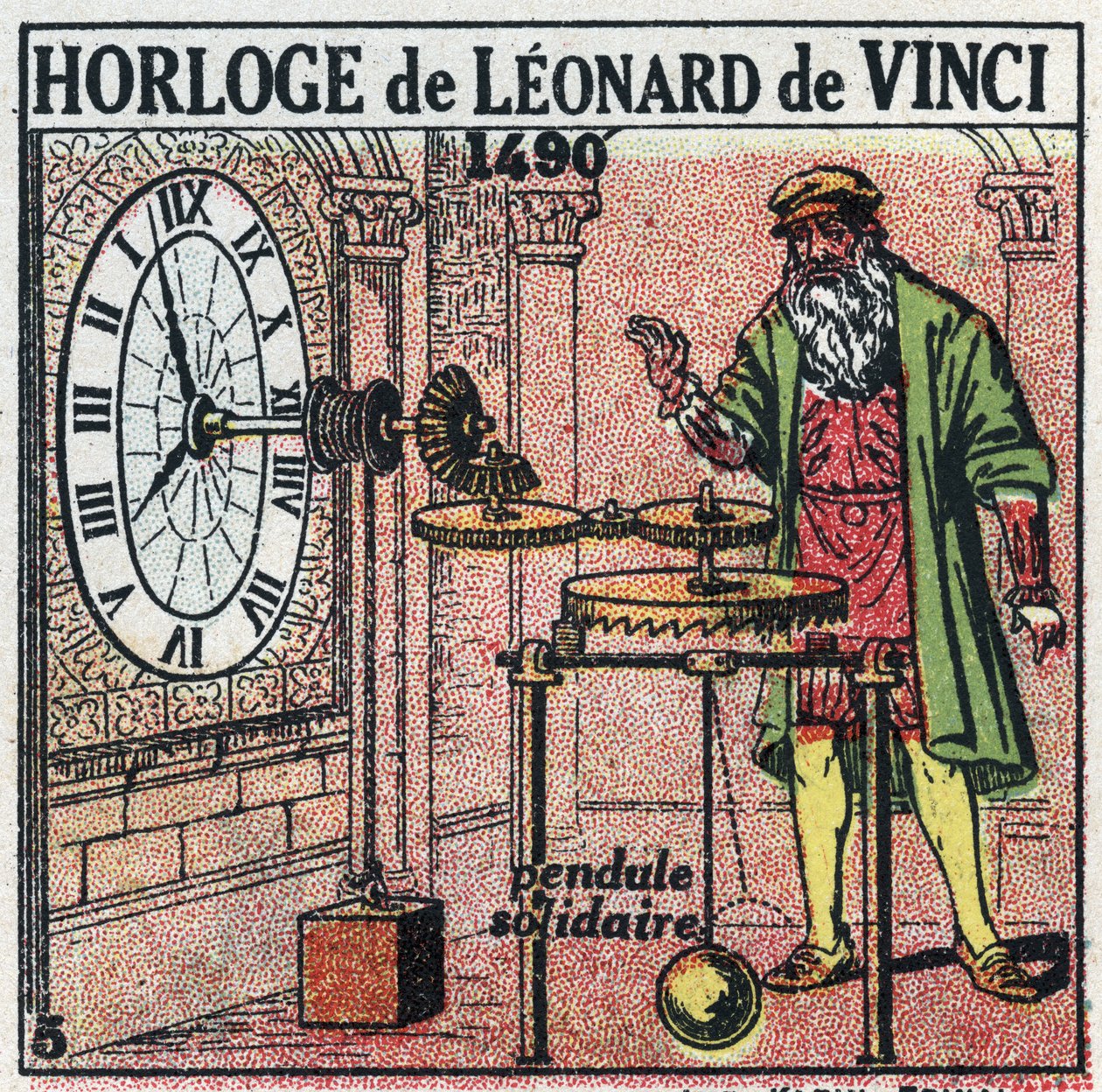 Tid: vektklokke oppfunnet av Leonard de Vinci (Leonardo da Vinci) (1452-1519) i 1490. Den erstatter brosjyren med en vertikal balanse. Anonym illustrasjon fra 1925. Privat samling. av Anonymous Anonymous