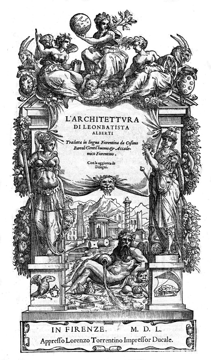 Tittelside "" Arkitekturen til Leon Battista (Leon Battista) Alberti: oversatt til florentinsk språk av Cosimo Bartoli "" de 1550. (De Architectura) (arkitektur) av Anonymous Anonymous