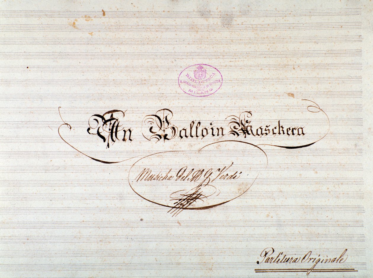 Tittelside til første utgave av musikalsk partitur av Un ballo in maschera, opera av Giuseppe Verdi av Anonymous Anonymous