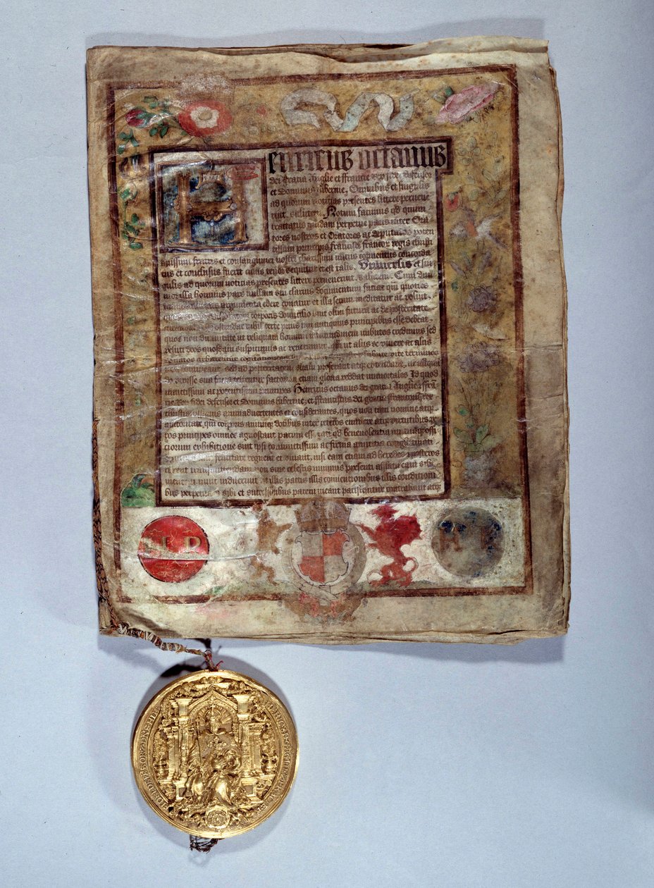 Amiens-traktaten i august 1527, en allianse mellom kong Henry VIII og den franske kong Francois I mot keiser Charles V. Paris, National Archives av Anonymous Anonymous