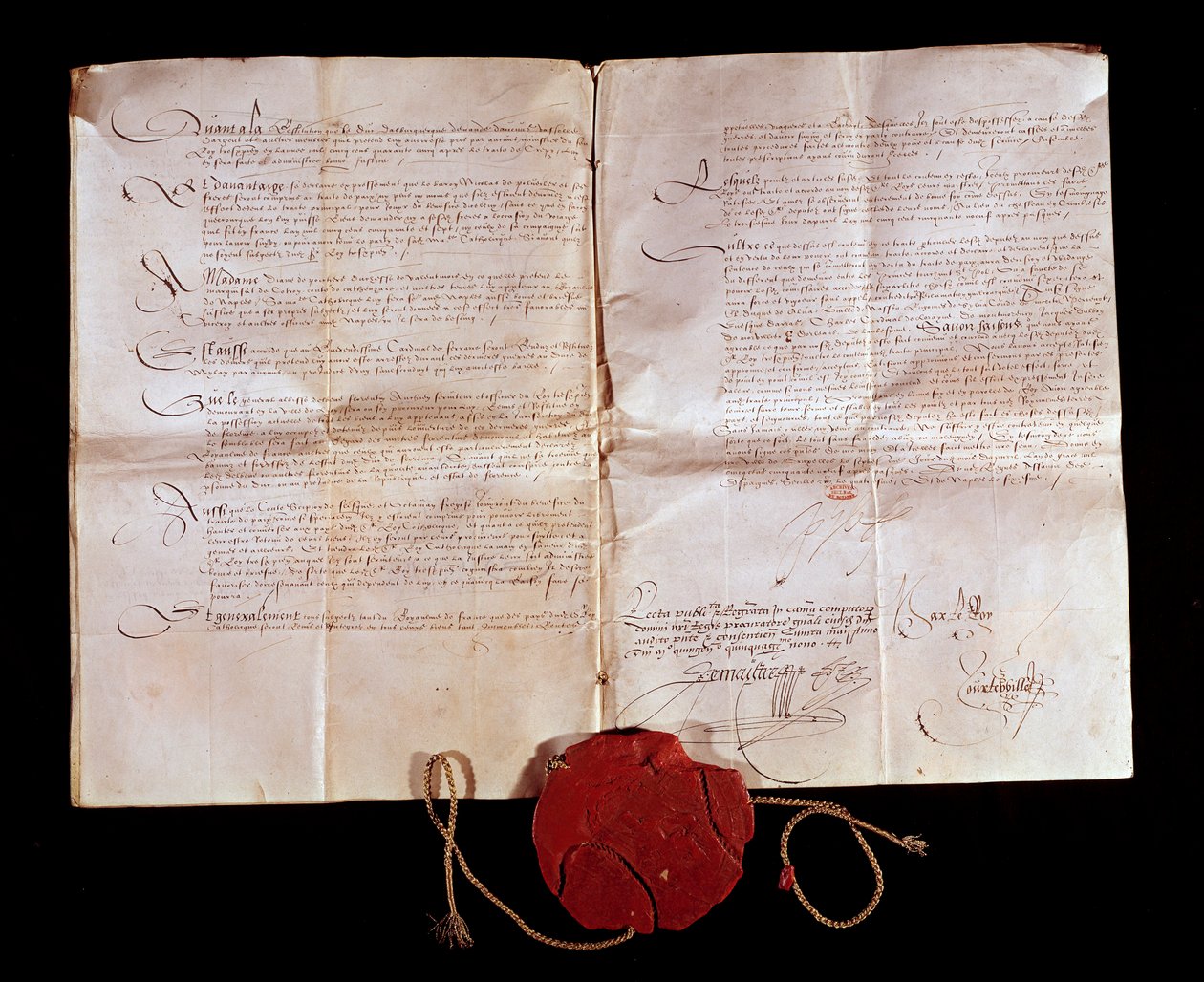 Traktaten om Cateau Cambresis (Cateau-Cambresis) mellom Henrik II (1519-1589) og Filip II av Spania 3/04/1559. Frankrike returnerer sine italienske territorier til Spania. Denne handelen avsluttet de italienske krigene. Paris, Nasjonalarkivet av Anonymous Anonymous