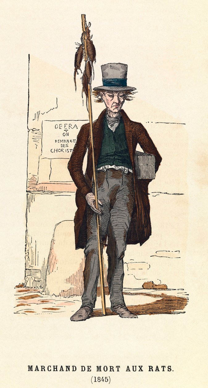 En rottegiftselger i Paris i 1845, gravering, privat samling - Rottegiftselger i Paris av Anonymous Anonymous