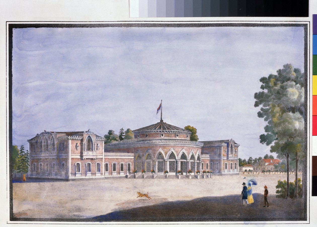 En jernbanestasjon og en fransk restaurant i Catharinhof (Jernbanestasjon og fransk restaurant i Catharinhof). Anonym litografi, fargelagt i akvarell, 22 x 33 cm av Anonymous Anonymous
