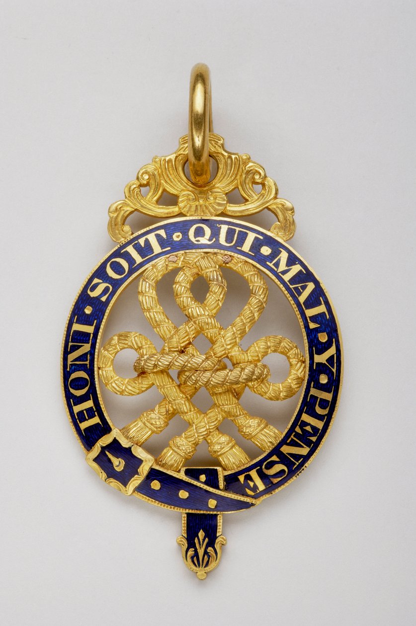 Storbritannia - Order of the Garter: insignier av gentleman-foged of the black stick - Mønsteret til merket, en av "kjærlighetssjøene" til halskjedet omgitt av et strømpebånd, ble vedtatt i 1566 - Motto "" Honi est qui mal tenke på det” av Anonymous Anonymous
