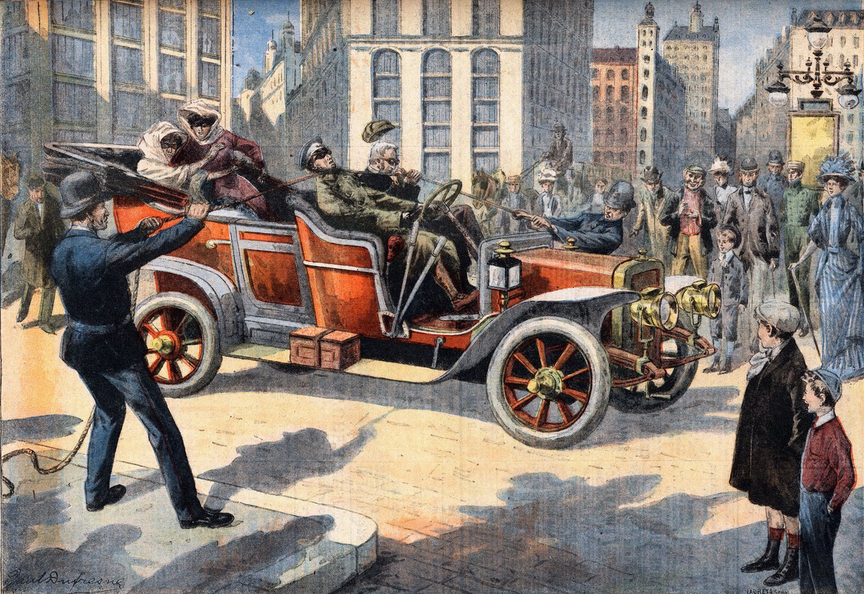 Uvanlige amerikansk politimetoder for å arrestere sjåfører som begår hastighetsbegeistring mens de kjører bilene sine. Gravering fra avisen "" Le Petro Parisien"", 31.05.1908. Privat samling. av Anonymous Anonymous