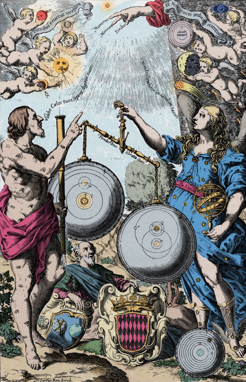Urania, Muse of Astronomy representert foran Argus, holder et teleskop. De veier og sammenligner systemet til Copernicus (til venstre) og det til Jesuite Giovanni Riccioli inspirerer fra det til Tycho Brahe (som kombinerer de geosentriske visjonene til Pto av Anonymous Anonymous