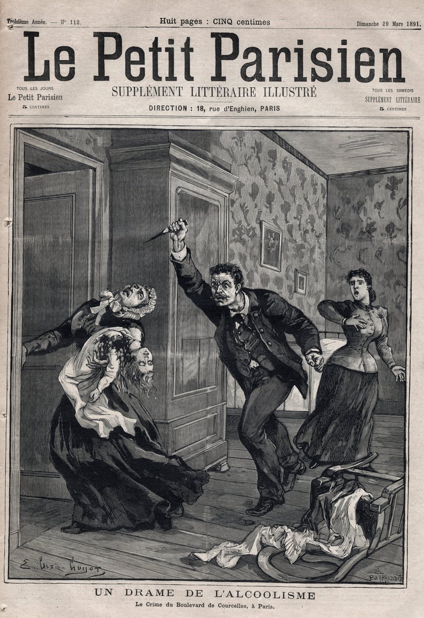 Ulike fakta: et drama om alkoholisme - Le crime du Boulevard de Courcelles i Paris - Gravering i "Le petit Parisien"" fra 1891 - Privat samling av Anonymous Anonymous