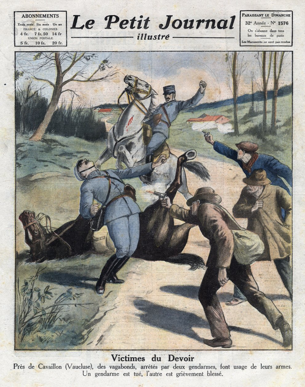 Ulike fakta: drap på to gendarmer av omstreifende kriminelle på veien til Cavaillon i Vaucluse. Illustrasjon hentet fra "" Le petit journal"" av 06/03/1921. Privat samling av Anonymous Anonymous