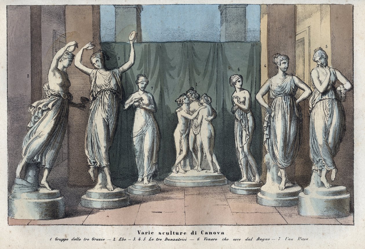Ulike skulpturer av Canova - De tre nådene - Hebe - De tre nådene som danser - Venus Italica - Muse - gravering fra "" skikker og tradisjoner til alle folkeslag i universet. Det er historien til regjeringen, lovene, militsen, religionen til alle av Anonymous Anonymous
