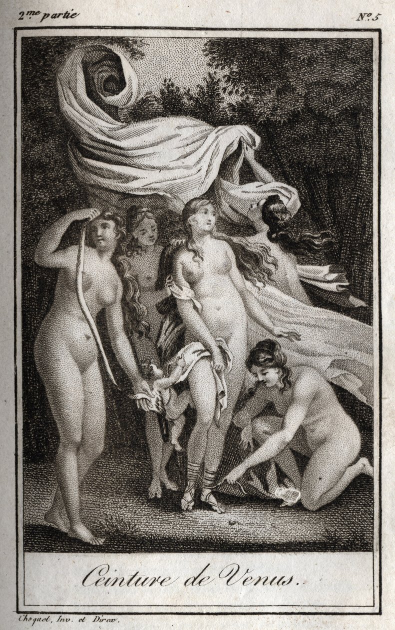 Venusbelte: Mens kampen fortsetter å være til fordel for trojanerne, bruker Junon Venus-beltet for å sjarmere Jupiter, og søvn for å få ham til å sove. Gravering fra 1819 i «Lettres a Emilie sur la mythologie» av Charles Albert Demoustier (1760-1801). Priv av Anonymous Anonymous