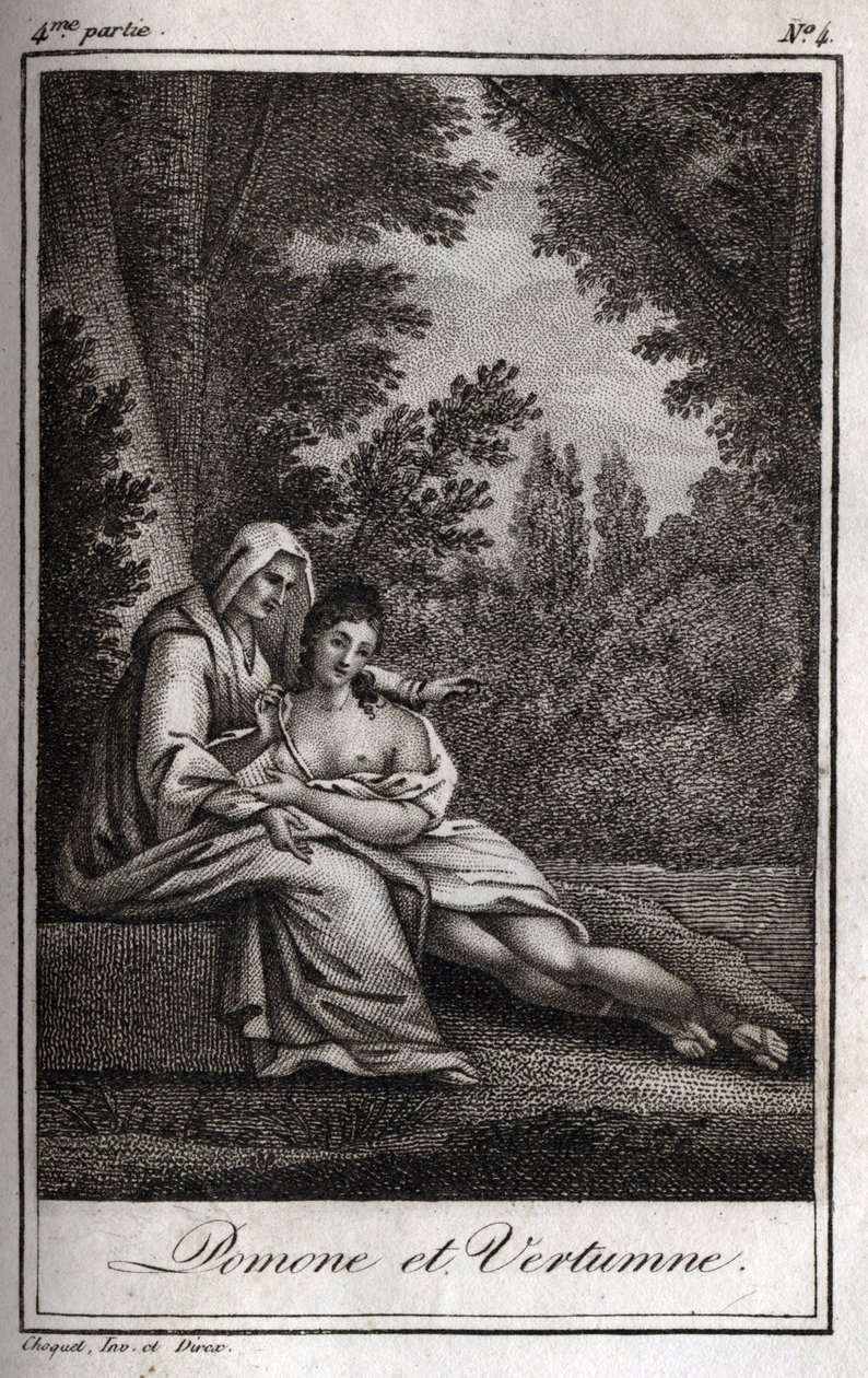 Vertumne og Pomone (Jupiter og Ceres): Vertumne, forelsket i nymfen Pomone, forkler seg som en gammel kvinne for å nærme seg henne. Gravering fra 1819 i «Lettres a Emilie sur la mythologie» av Charles Albert Demoustier (1760-1801). Privat samling. av Anonymous Anonymous