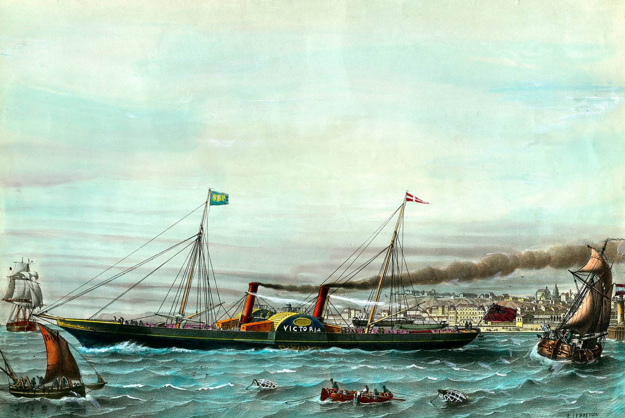 Vessel a wheel la Victoria”” servering between Boulogne sur mer og Folkestone””” Gravering fra 1800-tallet. Privat samling av Anonymous Anonymous