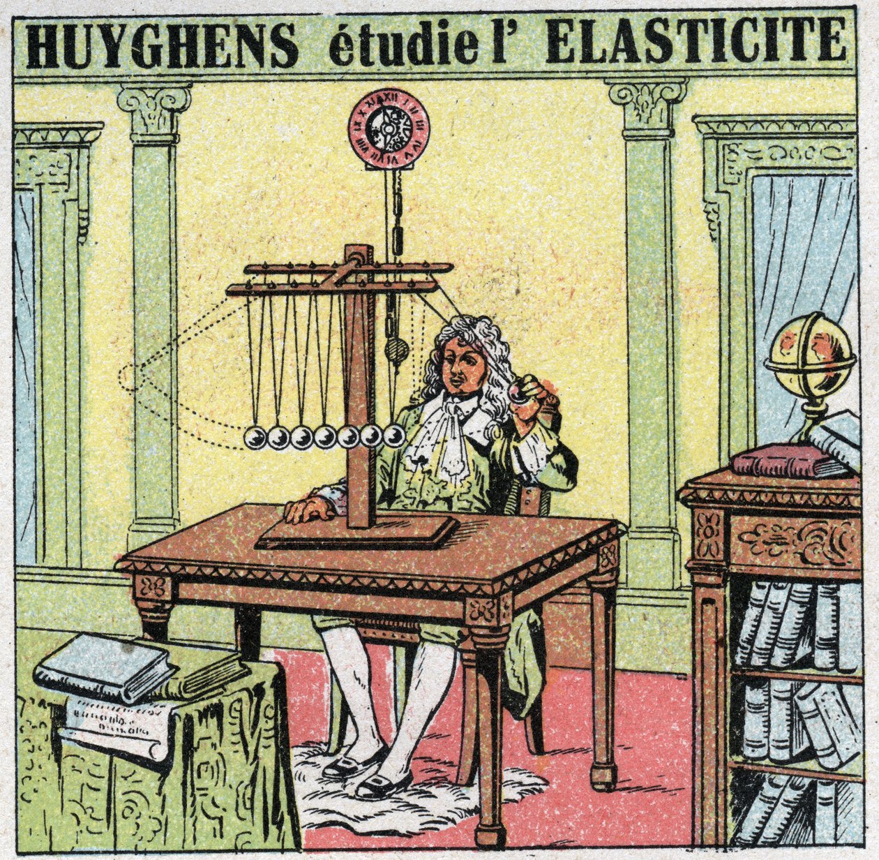 Vibrasjonsbevegelser: Christiaan Huygens (1629-1695) studerer elastisiteten til materialet ved å observere elfenbensperler. Anonym illustrasjon fra 1925. Privat samling. av Anonymous Anonymous