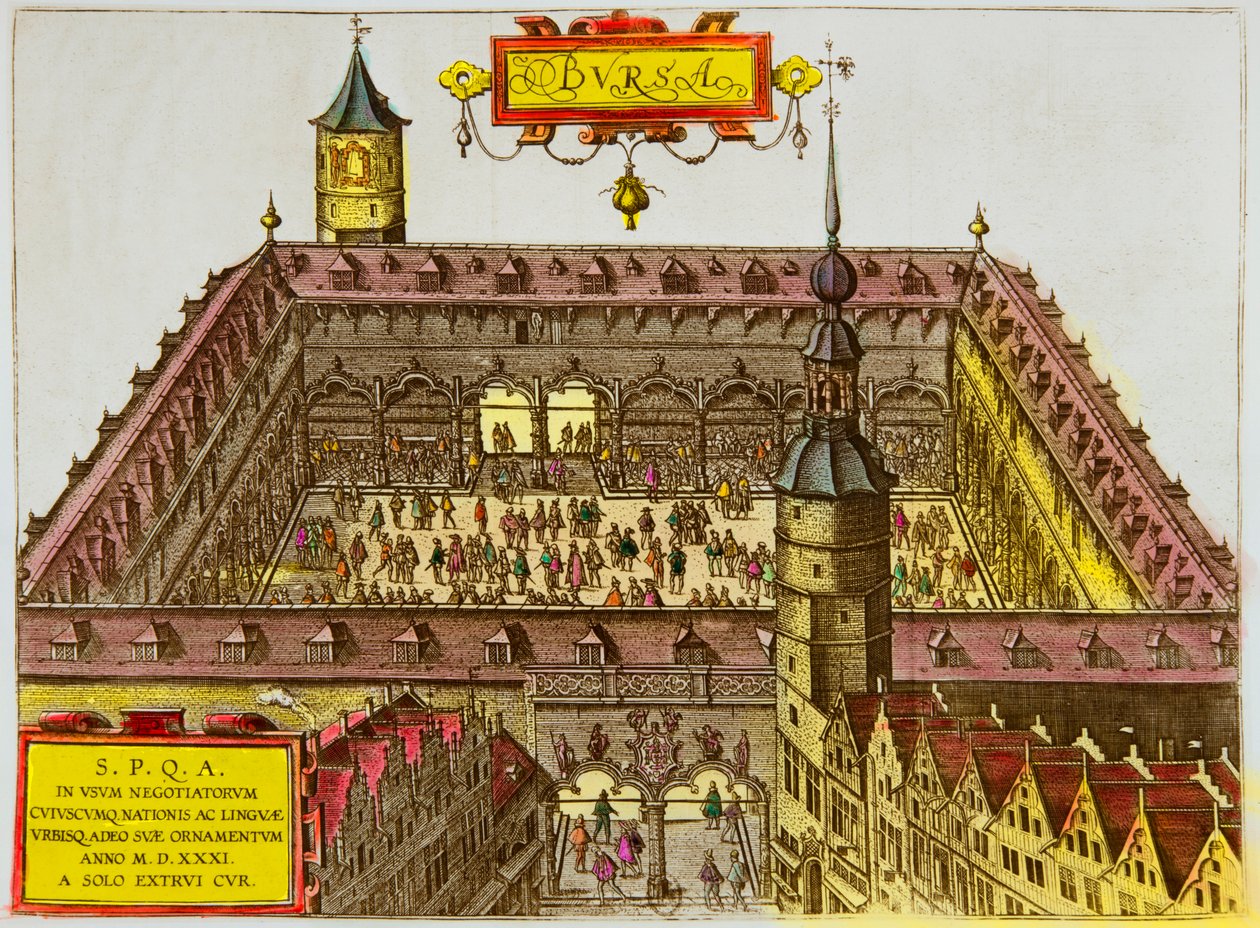 Utsikt over Antwerpen-børsen, grunnlagt i 1531, Privee Collection av Anonymous Anonymous