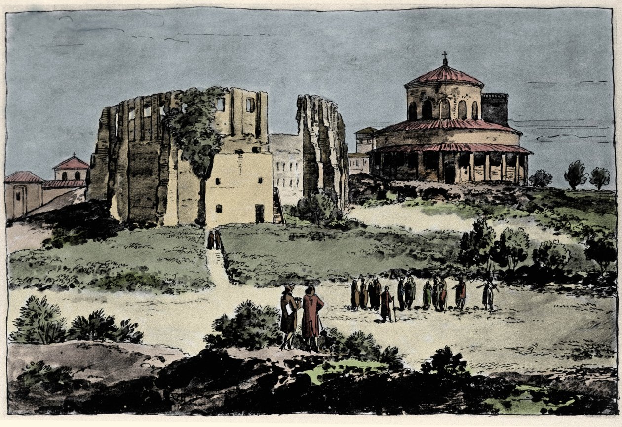 Utsikt over kirken Santa Constance (nza), mausolee av keiser Konstantin bygget på 400-tallet nær basilikaen St. Agnese (Agnese) i Roma Illustrasjon av 1800-tallet av Anonymous Anonymous