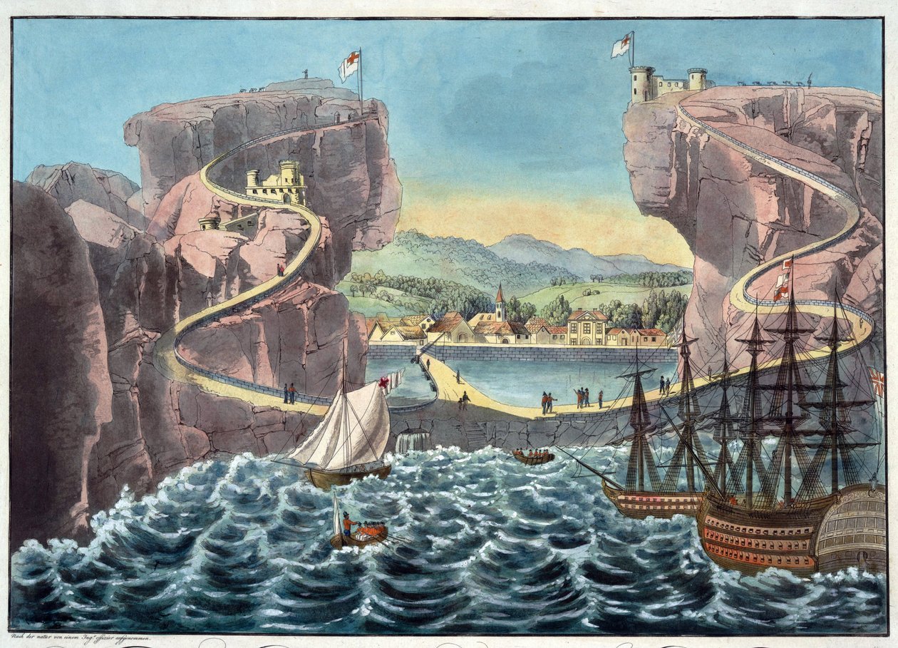 Utsikt over øya St. Helena fra siden av landingsplassen nær Fort James - Anonym - 1815 - Akvatint - 46,7x54,5 - Privat samling av Anonymous Anonymous