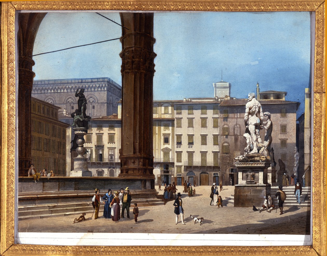 Utsikt over Loggia dei Lanzi (1576-1582) på Piazza della Signoria i Firenze "" Anonymt maleri fra 1800-tallet av Anonymous Anonymous