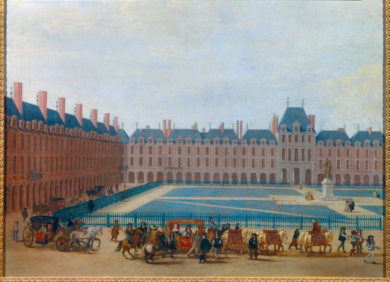 Utsikt over Place Royale rundt 1660, passasje av vognen til kong Ludvig XIV. Det nåværende stedet des Vosges i Paris. Anonymt maleri fra 1600-tallet. Dim. 0,81 x 1,13 m Paris, Musee Carnavalet av Anonymous Anonymous