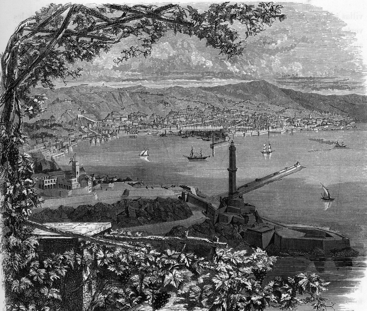 Utsikt over byen Genes (Genova), Italia. gravering av 1859 i "" galleriene i Europa - Italia"" av armengaud. Privat samling. av Anonymous Anonymous