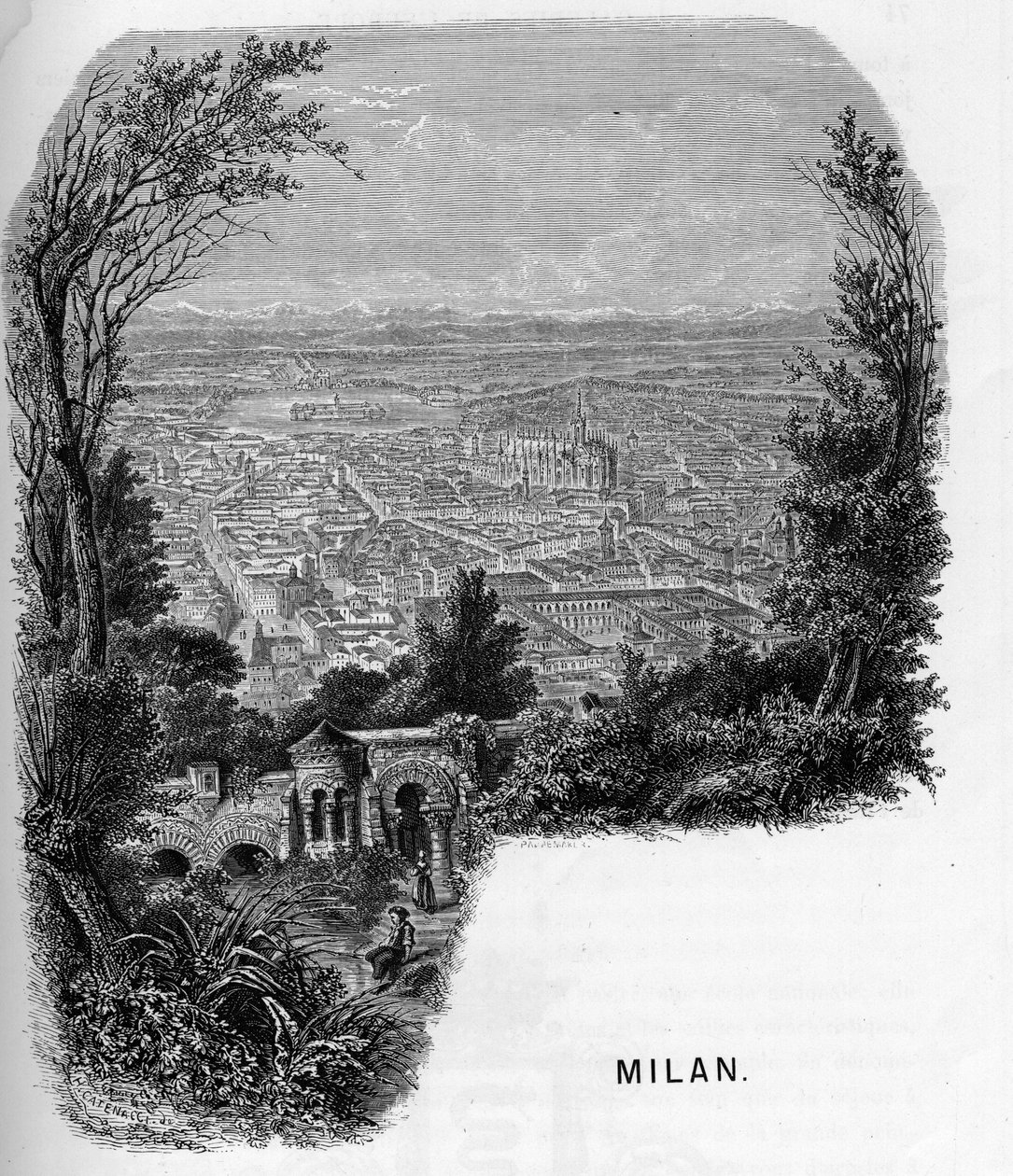 Utsikt over byen Milano (Milano), Italia. Gravering av 1859 i "" les galeries de l