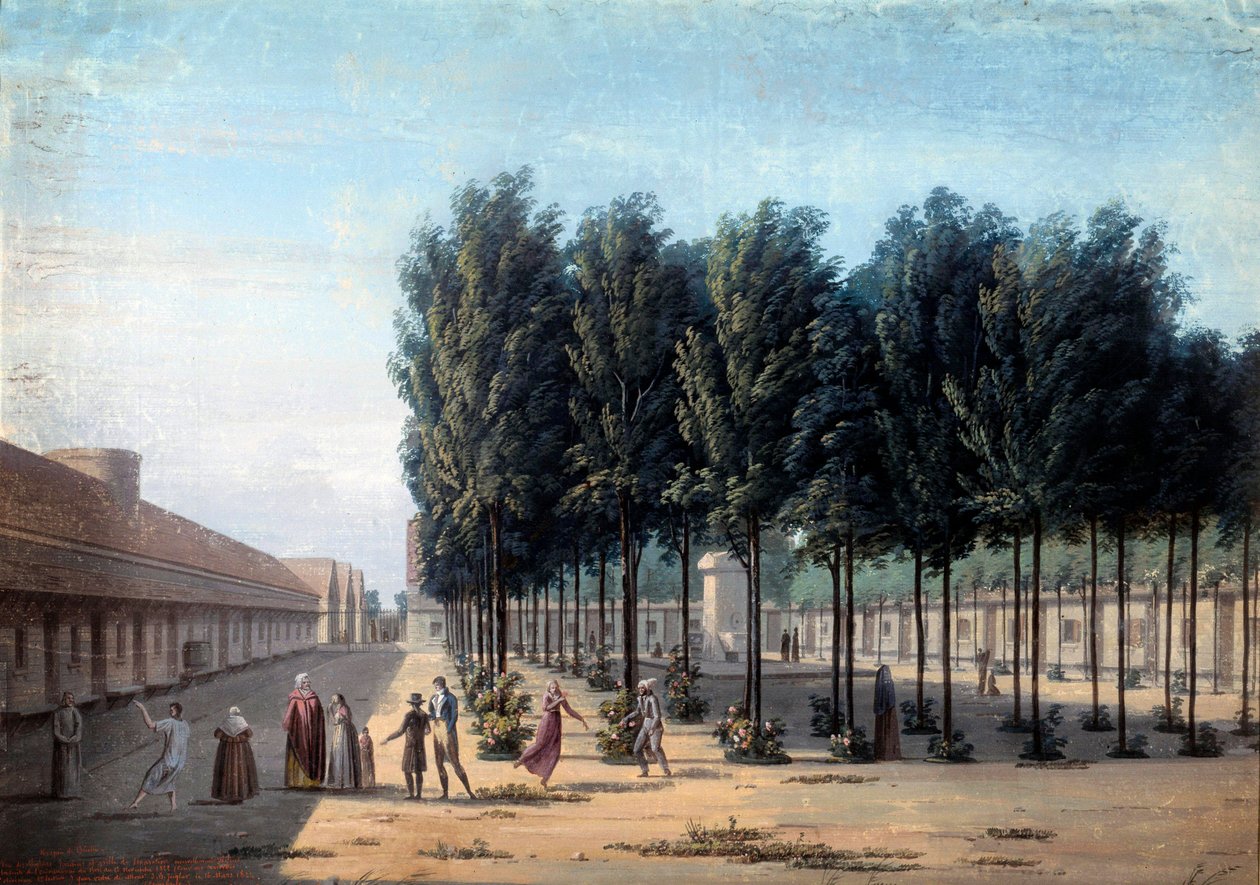 Utsikt over gårdsplassen til Paisibles på hospitset til Bicetre. De psykisk sykes vandring på sykehuset i 1824. Anonym gouache. Paris, Musee Carnavalet av Anonymous Anonymous