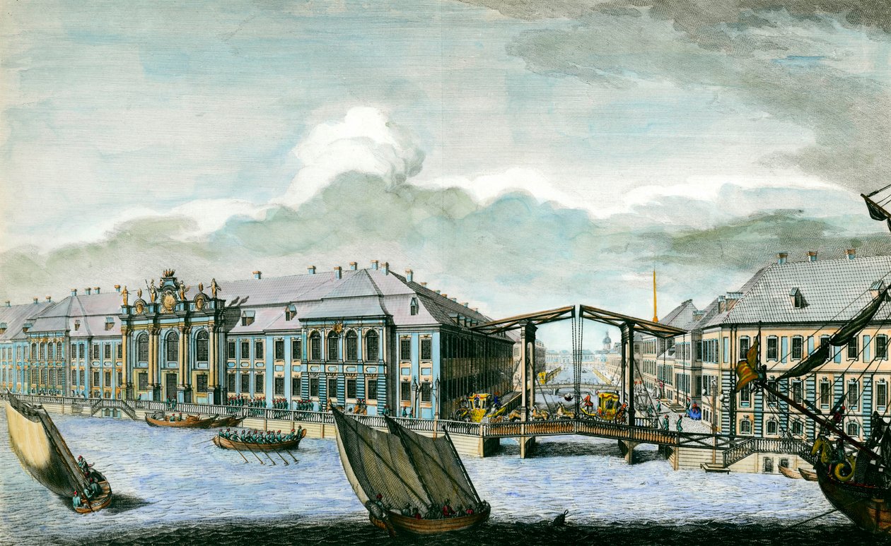 Utsikt over det tidligere vinterpalasset til Moika og Neva-kanalen i St. Petersburg gravering fra 1700-tallet. St. Petersburg, Eremitagebiblioteket av Anonymous Anonymous