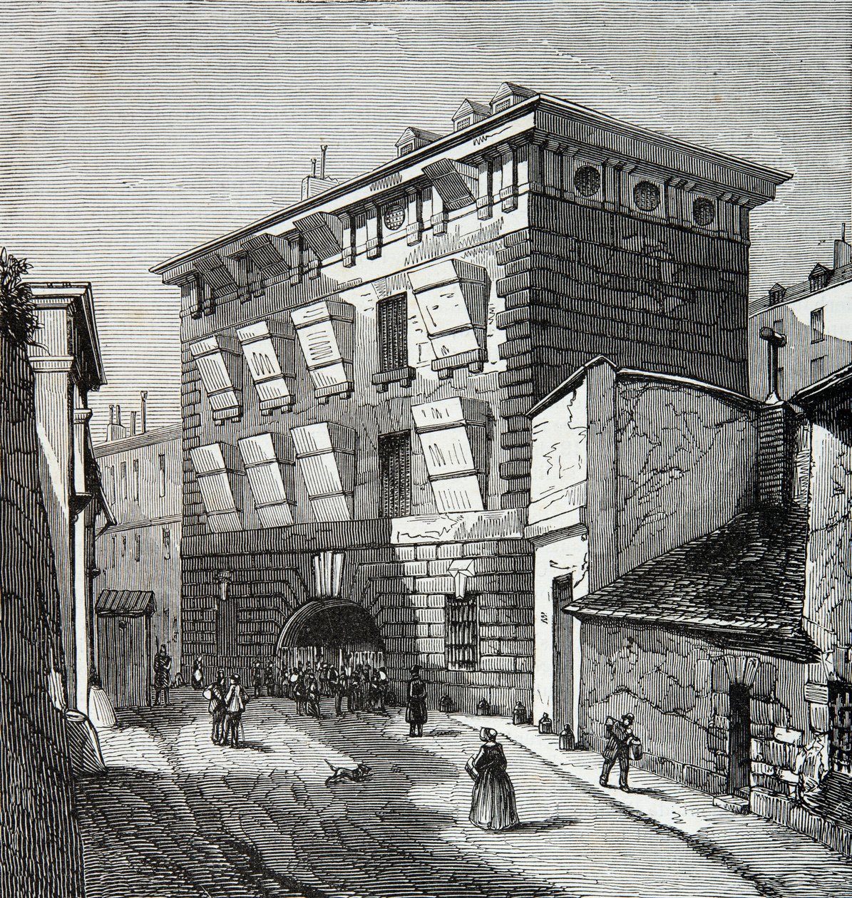 Utsikt over det tidligere fengselet til La Force, rue du roi de Sicilia i Paris på 1800-tallet, Gravering, Privat samling av Anonymous Anonymous