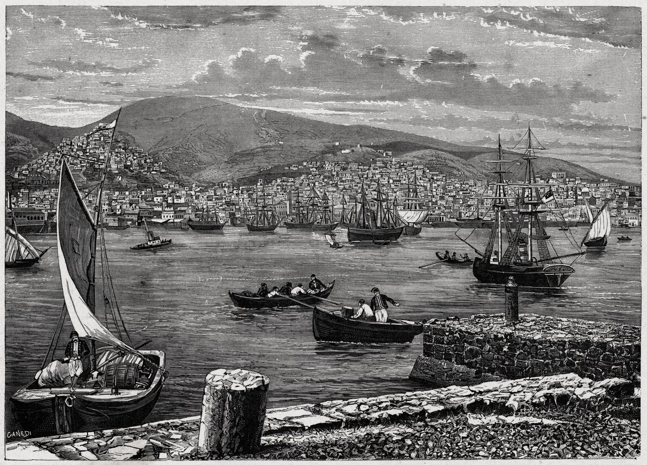 Utsikt over øya Syra i Hellas. Gravering i "The Catholic Missions in the XIXth Century" av Louis-Eugene (Louis Eugene) Louvet. privat samling. av Anonymous Anonymous