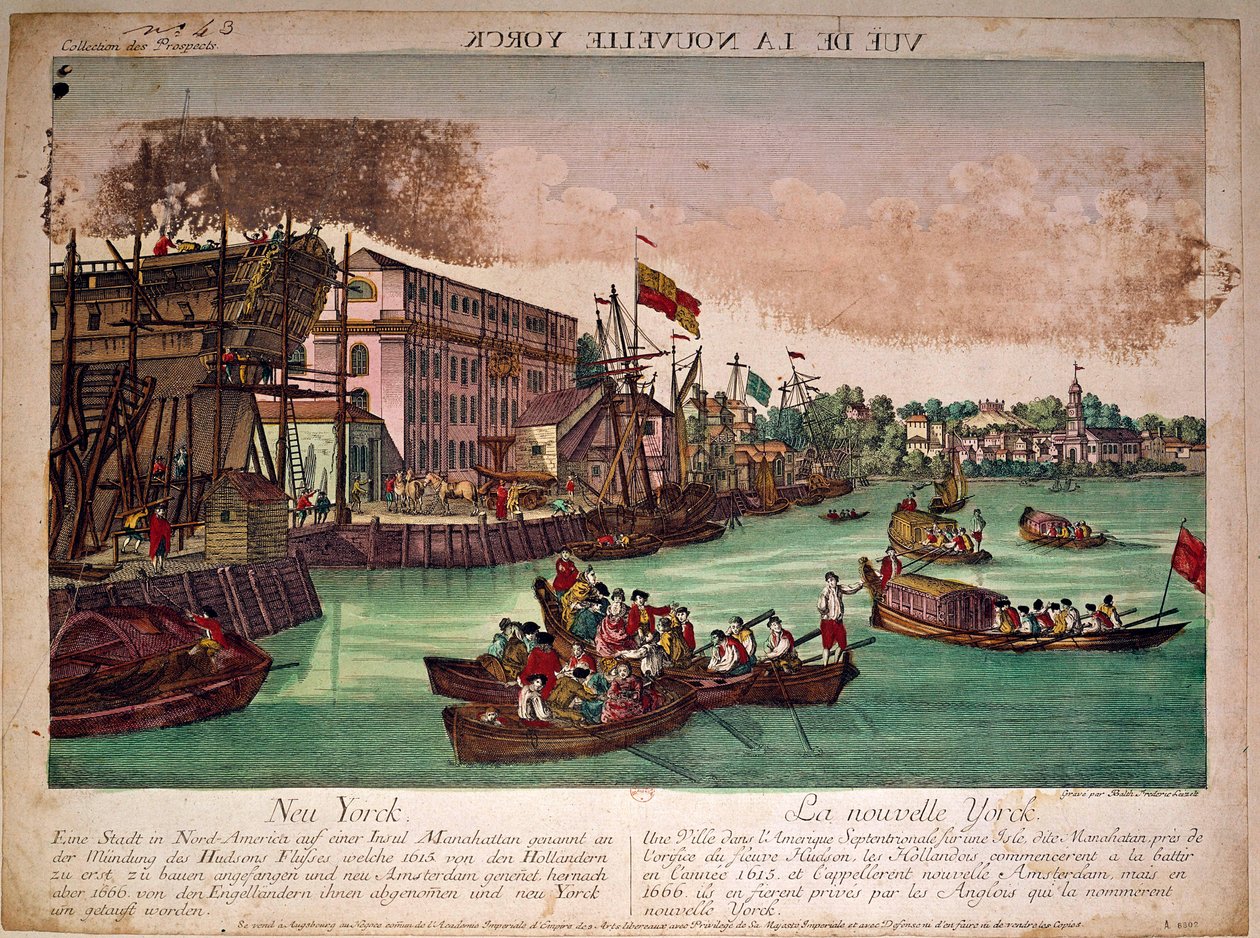 Utsikt over havnen i byen New York (New York) i USA, til venstre et verft. Munningen av Hudson River og Manhattan Island. Gravering fra 1700-tallet. Privat samling av Anonymous Anonymous
