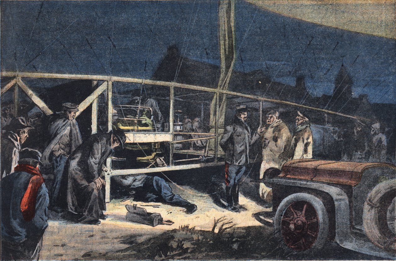 Ville de paris luftskip havari i Valmy. Gravering fra avisen "" Le Peute Parisien"", 2/02/1908. Privat samling. av Anonymous Anonymous