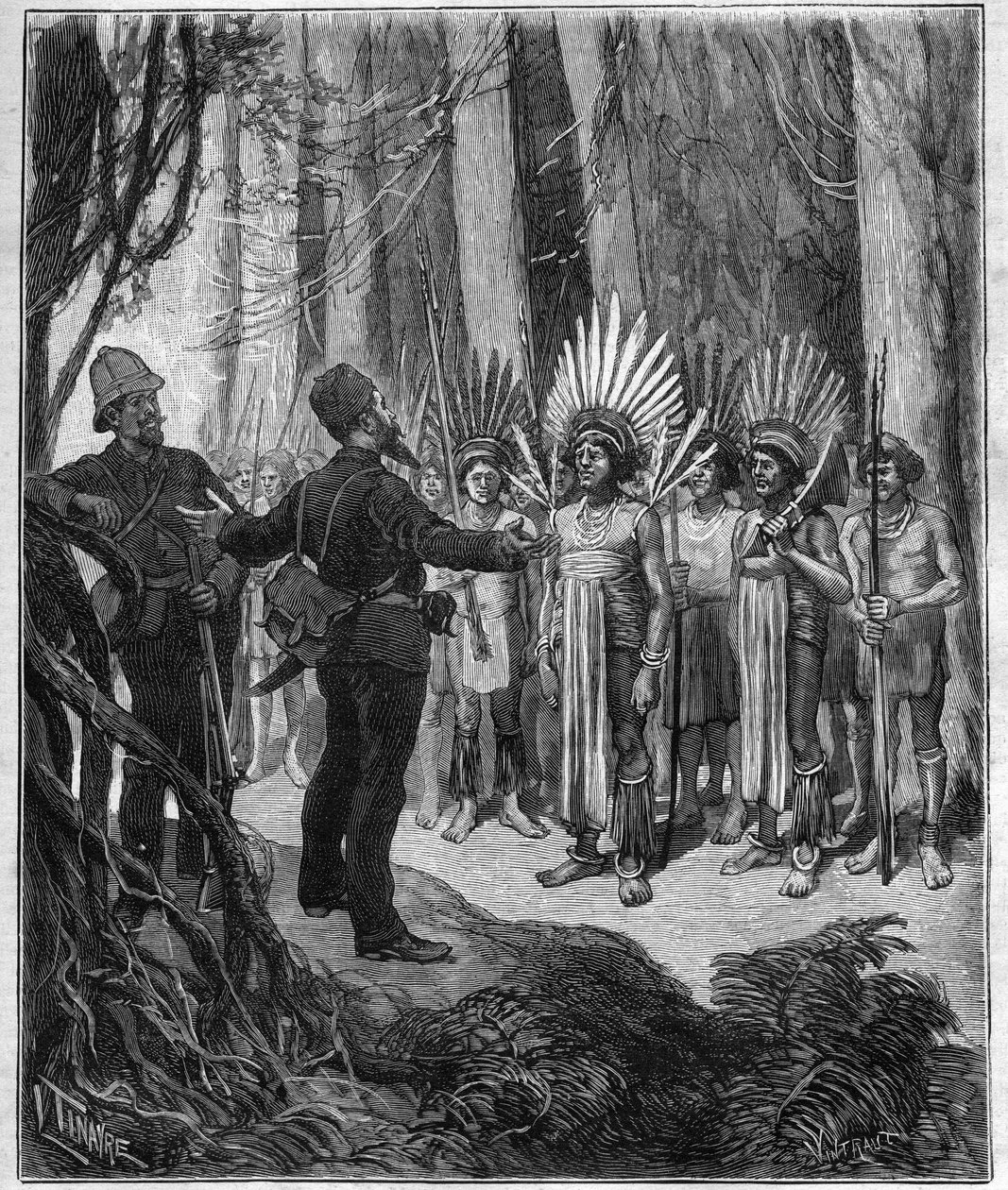 Voyage of Henri Coudreau (1859-1899), professor i geografi og oppdagelsesreisende i det indiske territoriet Guyana - han mottok fra Roucouyan-kokker - gravering i "Journal des voyages" fra 1889. av Anonymous Anonymous
