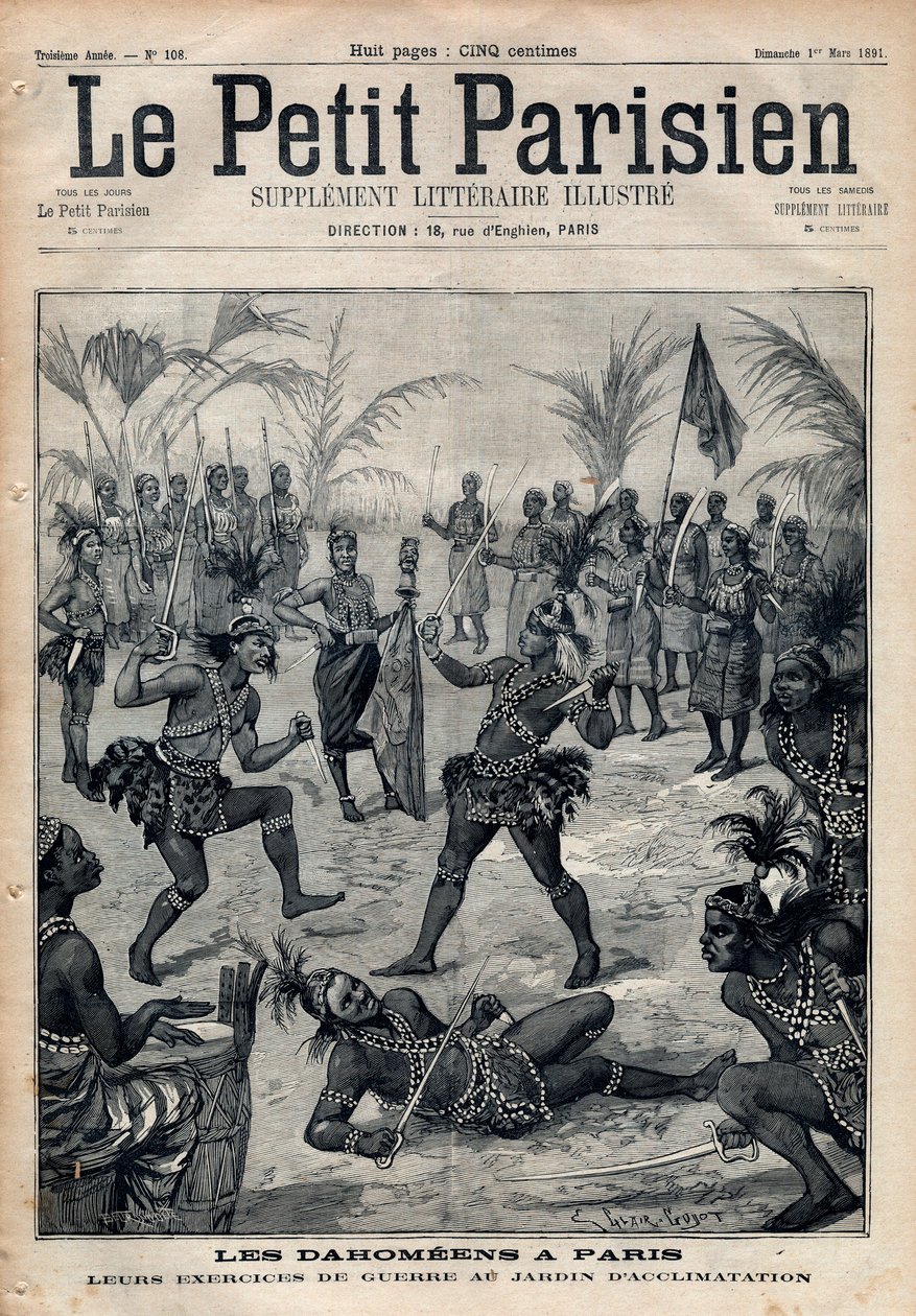 Krigsøvelser: Amazoner, krigere og feticheurs dahomeens (nå Benin) fra akklimatiseringshagen i Paris (Human Zoo). Gravering i “” Le petit Parisien”” fra 1891. Privat samling. av Anonymous Anonymous