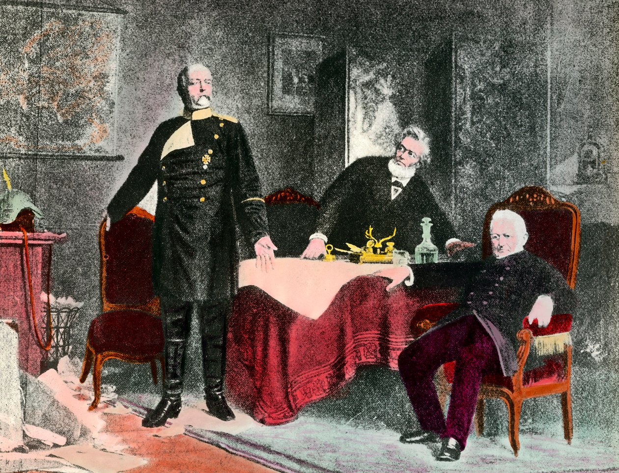 Krigen i 1870: politisk intervju mellom kansler Bismarck (1815-1898), Jules Favre (1809-1880) og Adolphe Thiers (1797-1877). Gravering omkring 1870. Privat samling av Anonymous Anonymous