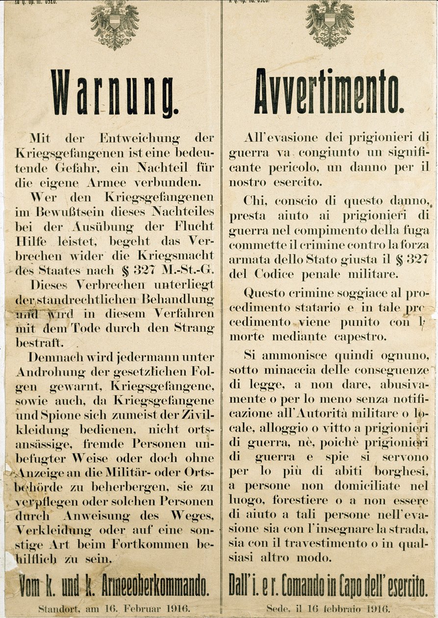 Advarsel etter rømningen av italienske krigsfanger den 16. februar 1916 og ba den østerrikske befolkningen om ikke å hjelpe dem (gravering av Anonymous Anonymous