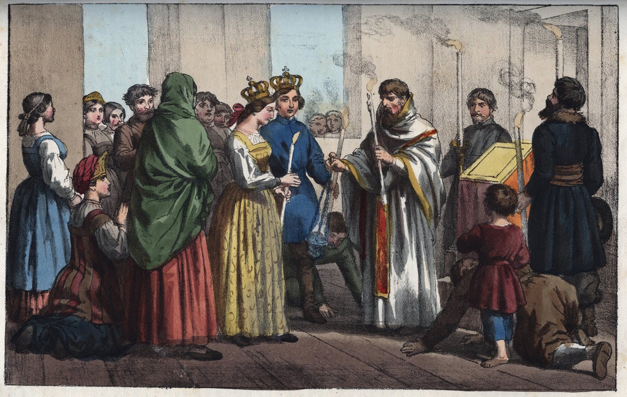 Bryllup i Russland på 1700-tallet - gravering fra "" Skikker og skikker til alle folkeslag i universet. Det vil si historien om regjeringen, lovene, militsen, om religionen til alle nasjoner fra de fjerneste tider til i dag "1856 av Anonymous Anonymous