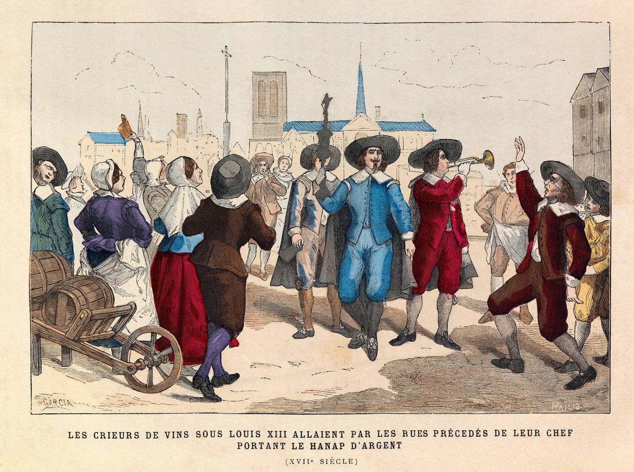Vinskrikere i Paris under Ludvig XIII gikk gjennom gatene før kokken deres hadde på seg Silver Hanap på 1600-tallet - Vinselgere passerte gatene bak lederen deres, bærende sølvbegeret, Ludvig XIIIs regjeringstid - privat kolle av Anonymous Anonymous