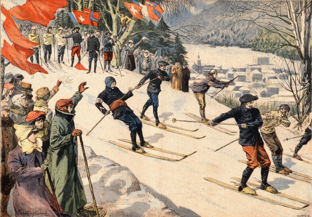 Vintersport: Skikonkurranse i Chamonix i Haute Savoie i Alpene, Frankrike. Sveitsiske og franske flagg oppmuntrer skiløpere. Gravering fra avisen "" Le Petite Parisien"" av Anonymous Anonymous