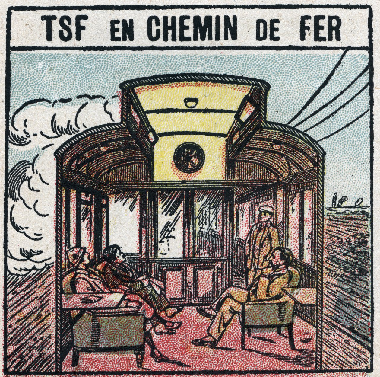 Wireless telephony: T.S.F. in a railway wagon. Anonymous illustration from 1925. Private collection. av Anonymous Anonymous