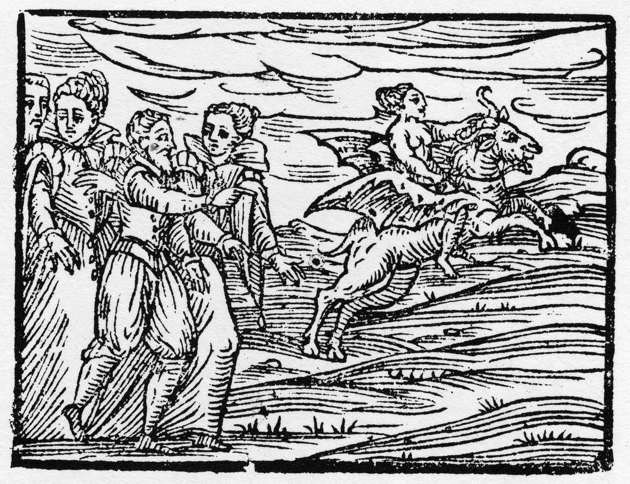 Heks som rir på en geit - "" Compendium Maleficarum"", avtaler om hekser, deres ondskap og deres sorteringer av Francesco Maria Guazzo eller Guaccio eller Guaccius (15?? -16??) 1608 privatsamling av Anonymous Anonymous