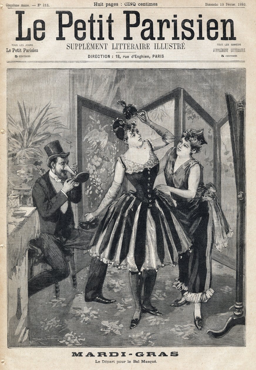 Kvinner forbereder forkledning bak en skjerm og mann prøver masken sin i form av et elefantrør for Maskeballen til Mardi Gras (Mardi-Gras). En av avisen "" Le Petit Parisien"" den 19/02/1893. av Anonymous Anonymous