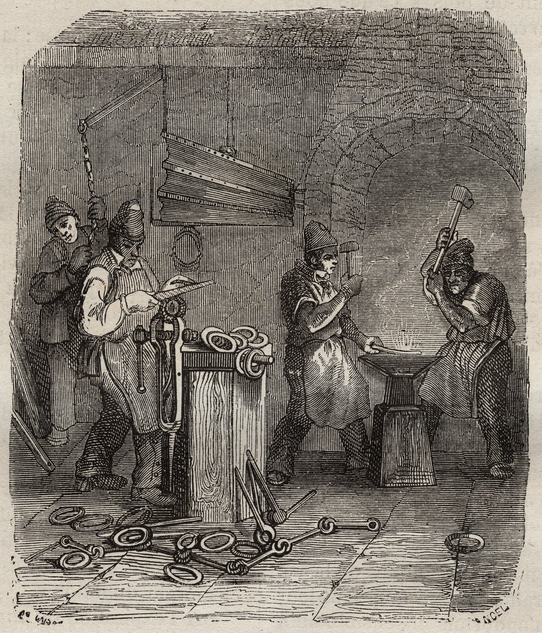 Arbeiderstyrker ved Rochefort Bagne på 1800-tallet. Gravering i «Fangernes historie fra deres skapelse til i dag» (1877) av Pierre Zaccone (1817-1895) (Colonia Penale - Straffekoloni). Privat samling. av Anonymous Anonymous