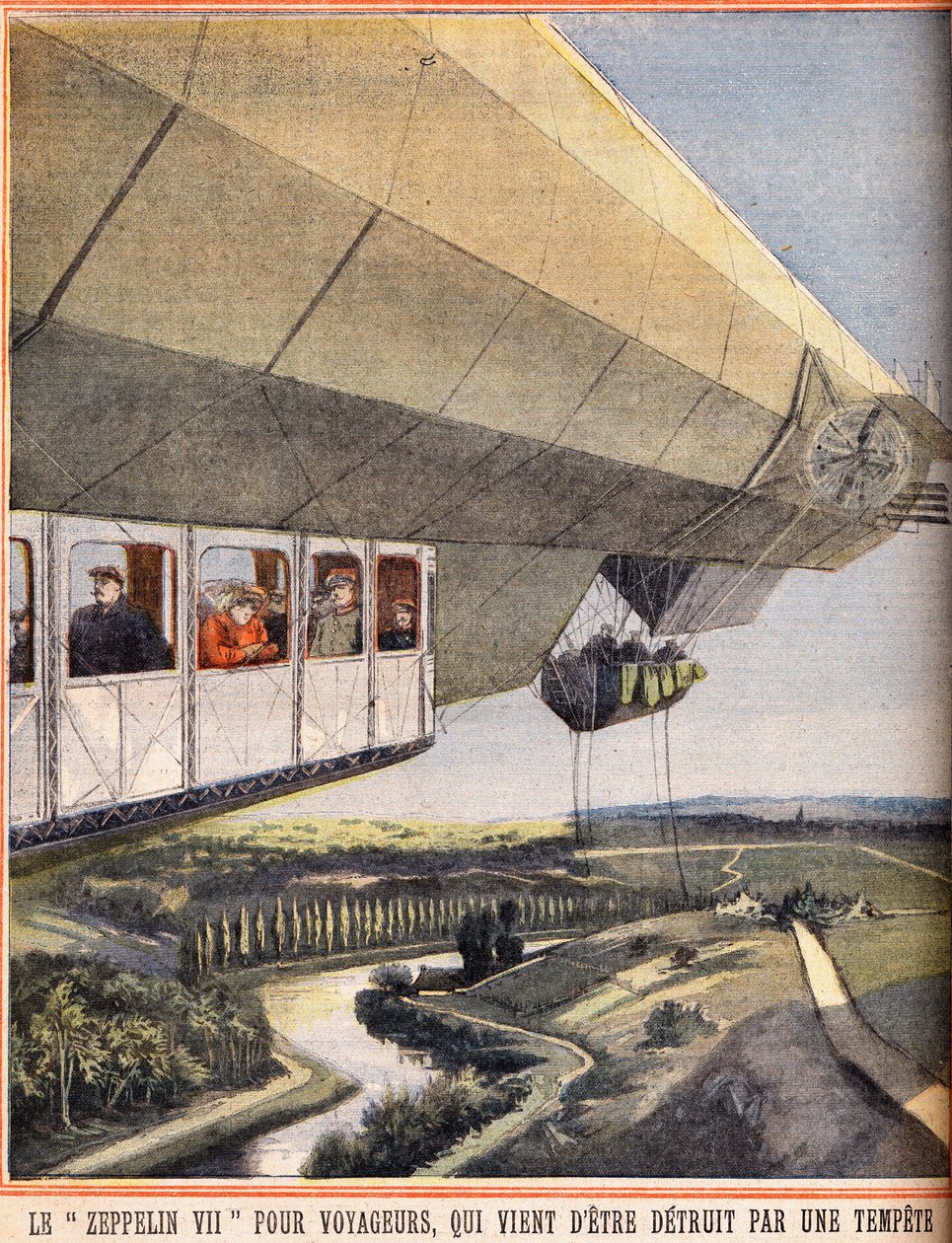 Zeppelin VII for reisende som nettopp har blitt ødelagt av en storm. Gravering i "" Le petit parisien"" 10.07.1910. Privat samling. av Anonymous Anonymous