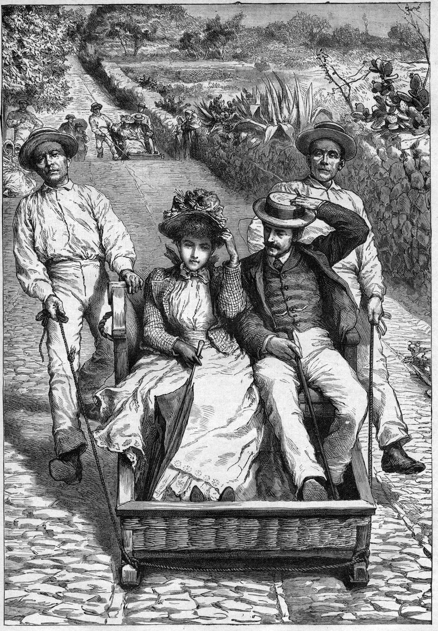 carros de cesto in Madeira 1893 - Les corinhos (carrieros) a Madere (Madeira) - hommes guiding a seat in two places on roulette (un corinho). engraving in “” Journal des voyages””” 1893 av Anonymous Anonymous