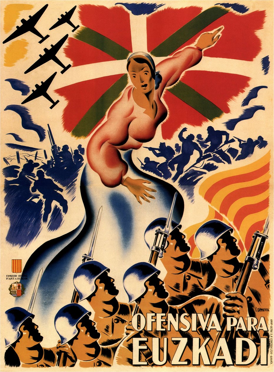 Spansk borgerkrig - Biscaya-kampanje (Biscaya-offensiv) Ofensiva Para Euzkadi (Offensiv for Baskerland) - Anonym - 1937 - Fargelitografi - 140x100 - Privat samling av Anonymous Anonymous