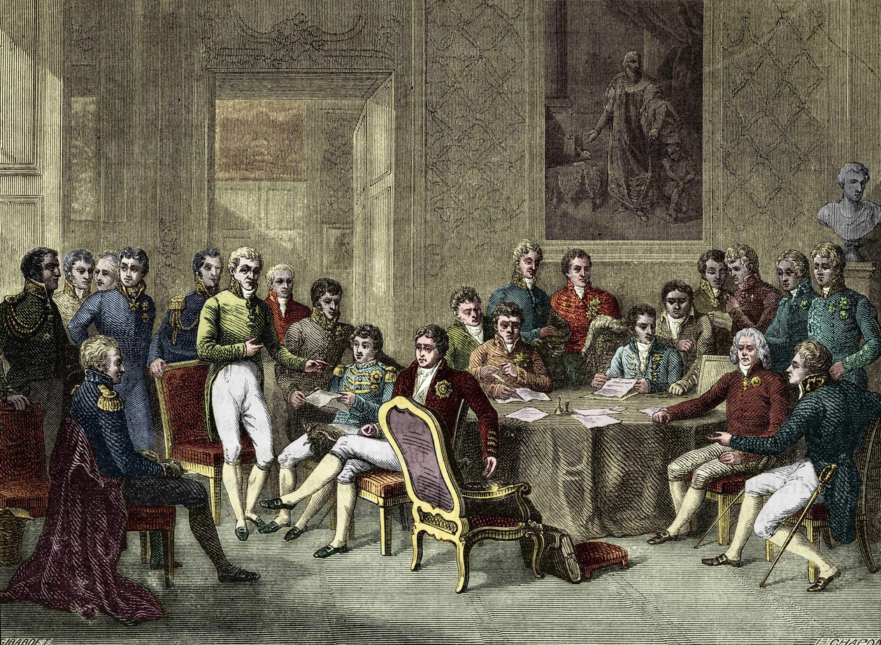 kongressen i Wien. Wienerkongressen i 1815. Alexander I, tsar; H.R. Stewart, Castlereagh; Francois I, keiser av Østerrike; Frederic William III, konge av Preussen; Karl August, Prins av Hardenbergh; Wilhelm von Humboldt (William av Humboldt av Anonymous Anonymous