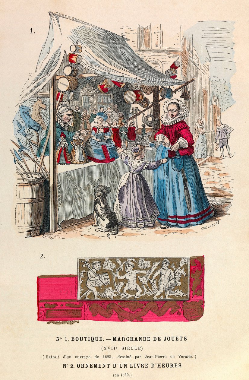 topp En leketøysbutikk fra 1600-tallet/nederst et ornament fra en timebok fra 1500-tallet - Lekebod av Anonymous Anonymous
