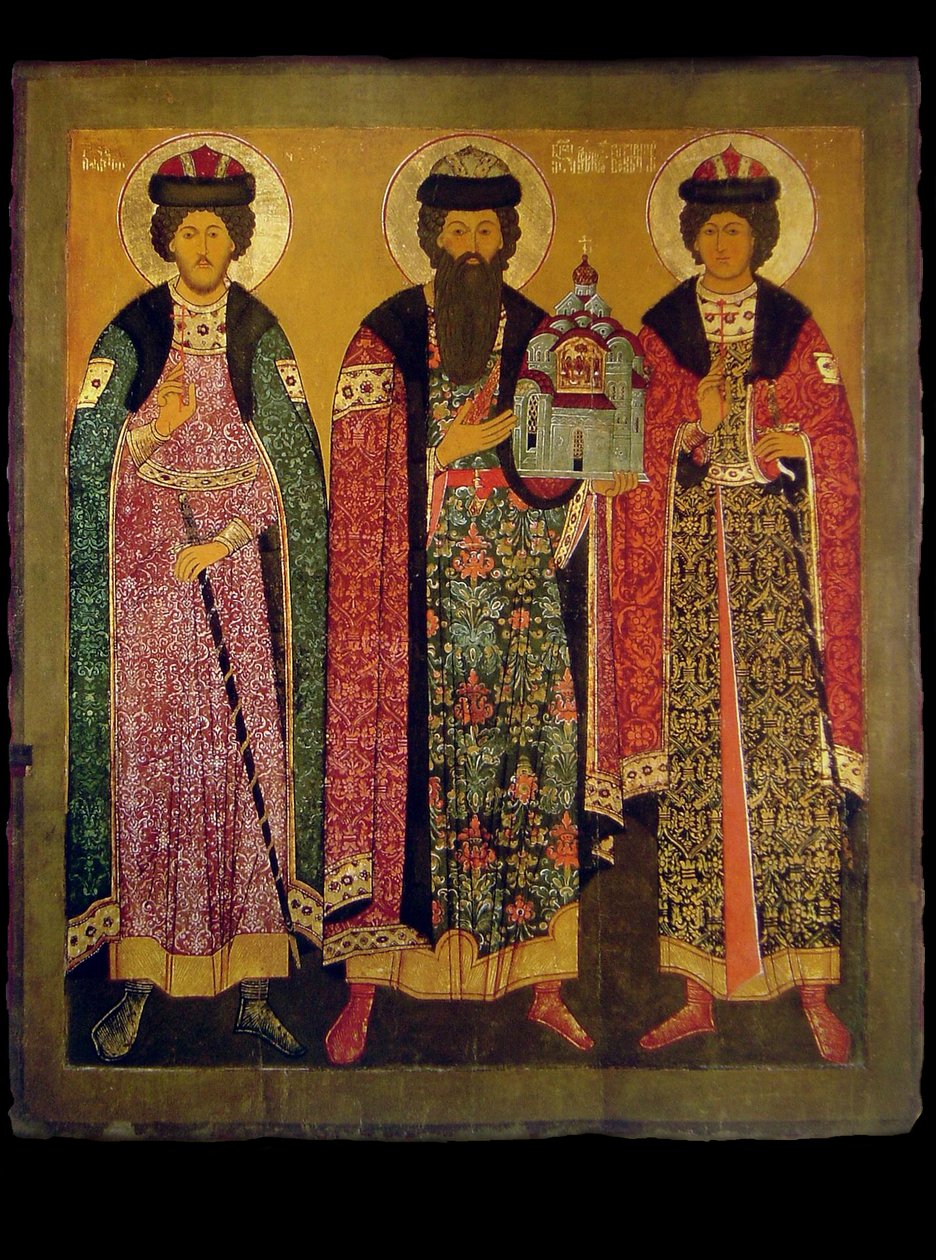 Den hellige Vsevolod Mstislavich, prins av Pskov med de hellige Boris og Gleb, tidlig på 1600-tallet. av Anonymous Russian icon painter