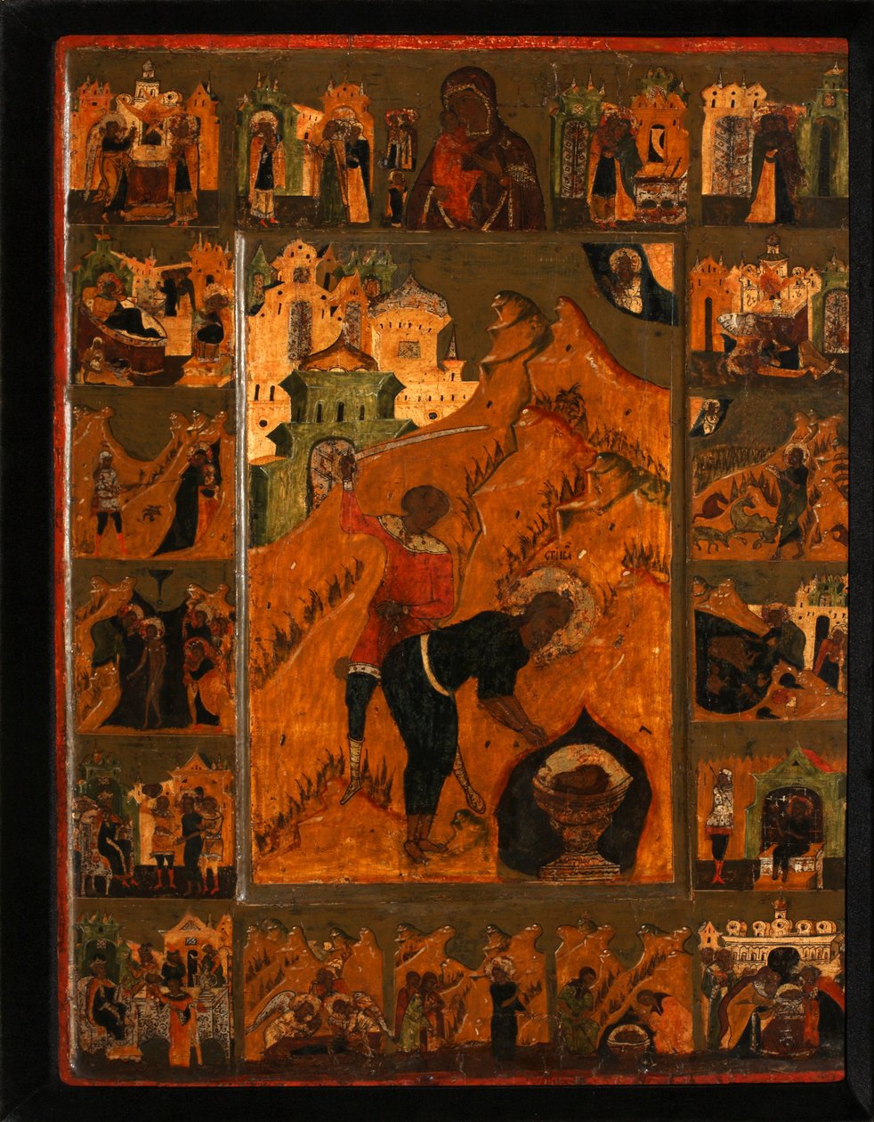 Halshuggingen av døperen Johannes med Feodorovskaya Guds mor, tidlig på 1600-tallet. av Anonymous Russian icon painter