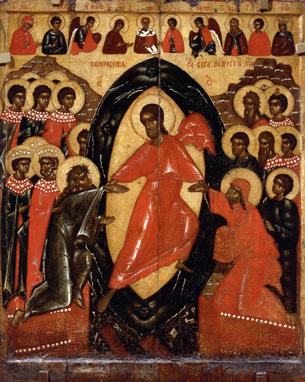 Nedstigningen til helvete med Deesis og utvalgte hellige, slutten av 1300-tallet. av Anonymous Russian icon painter